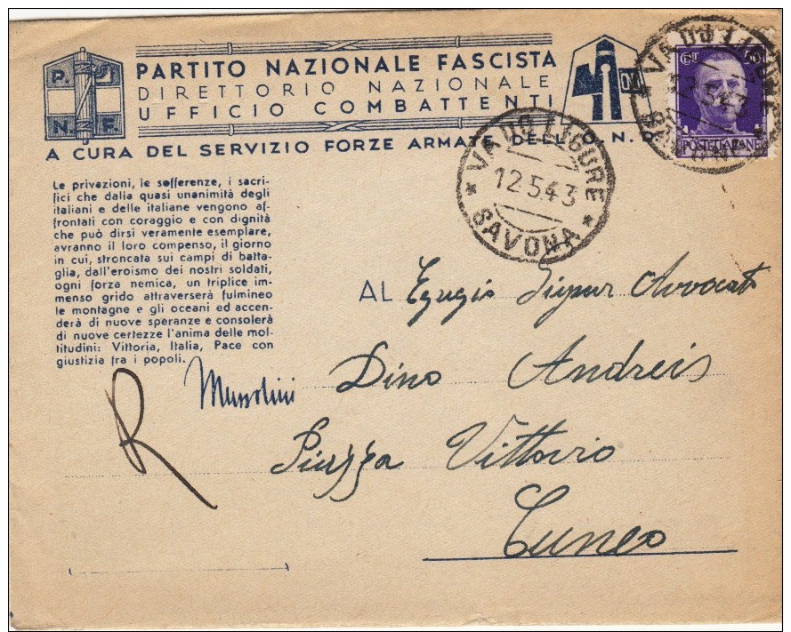 VADO LIGURE / SAVONA 1943 - PARTITO NAZ. FASCISTA DIRETTORIO NAZIONALE - RACCOMANDAZIONI ANTISPIONAGGIO -  S2762 - Storia Postale