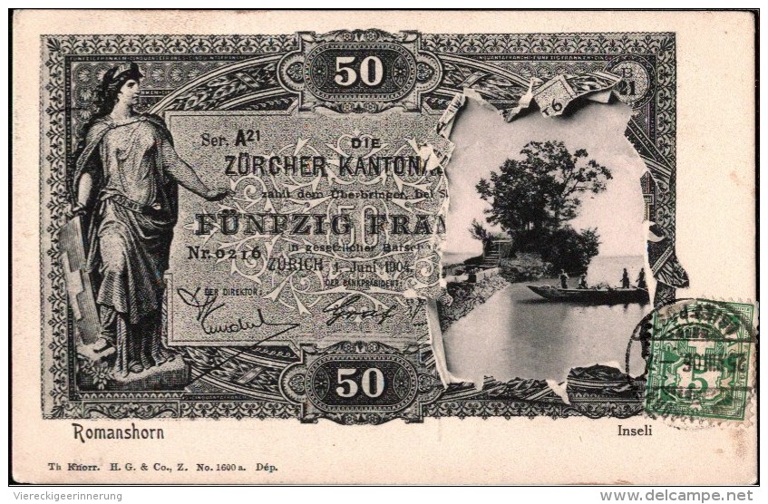 ! 1906 Alte Postkarte Romanshorn, Banknote, Billet, Geldschein, Schweiz, Suisse, Money, Zürcher Kantonalbank, Bodensee - Romanshorn