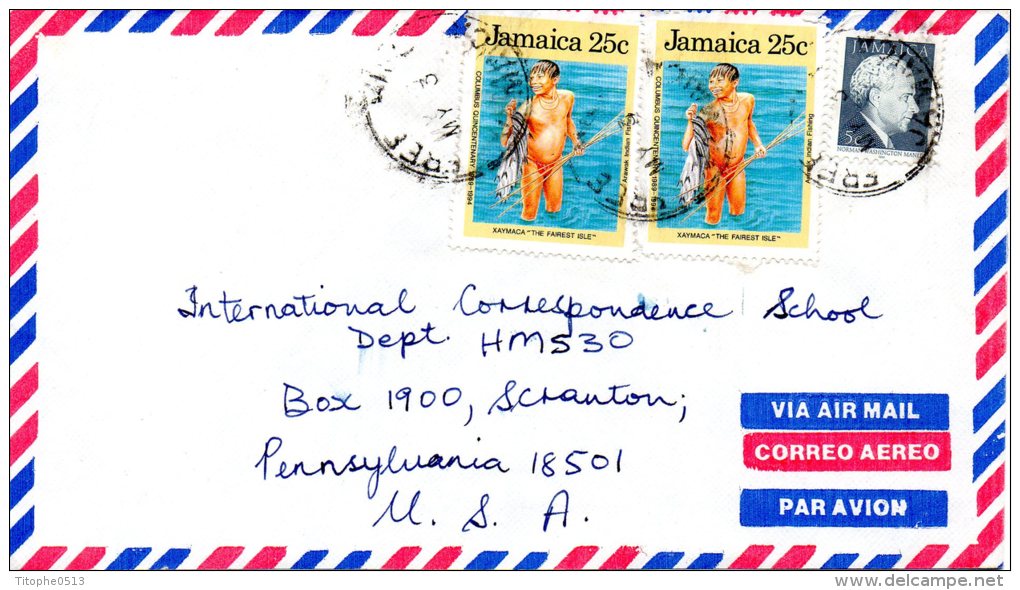 JAMAÏQUE. N°747 De 1989 Sur Enveloppe Ayant Circulé. Découverte De L'Amérique Par Christophe Colomb/Pêcheur. - Christoffel Columbus