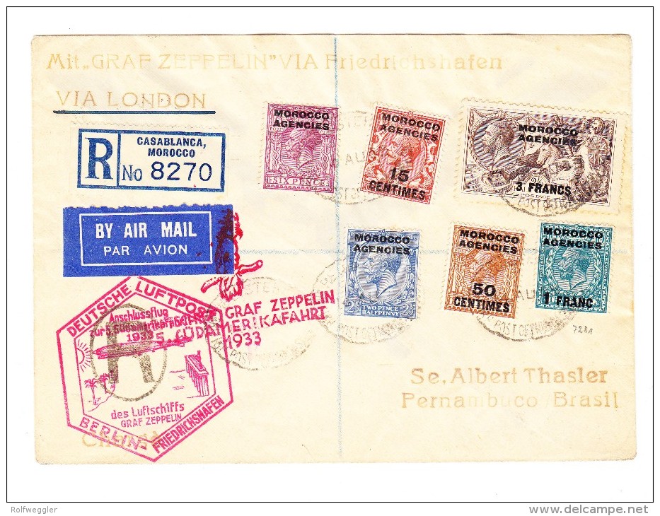 Zeppelin 5.Südamerikafahrt Britisch Marocco - P.O. Casablanca R-Brief Nach Pernambuco Brasilien - Sonstige & Ohne Zuordnung