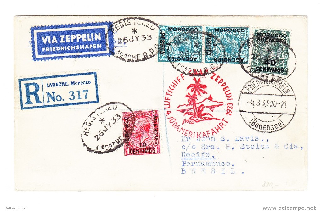 Zeppelin 4.Südamerikafahrt Britisch Marocco - Larache26.7.33 R-Brief Nach Pernambuco Brasilien - Other & Unclassified