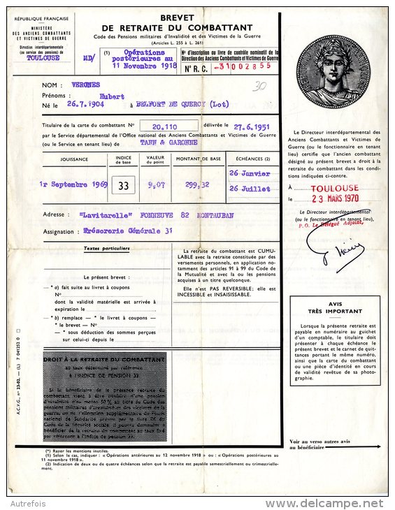 BREVET DE RETRAITE DU COMBATTANT  -  VERGNES HUBERT  -  1951  -  BELFORT DE QUERCY - Dokumente