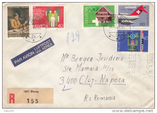 ALBERT ANKER, HANDICAPS, HOUSE, PLANE, GEOMETRY, STAMPS ON REGISTERED COVER, 1981, SWITZERLAND - Covers & Documents