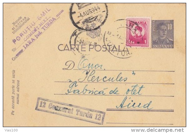 KING MICHAEL STAMPS ON PC STATIONERY, ENTIER POSTAL, CENSORED TURDA NR 12, 1944, ROMANIA - Lettres 2ème Guerre Mondiale