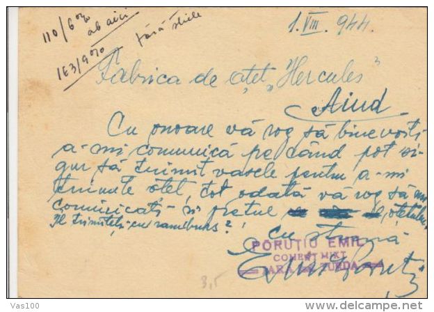 KING MICHAEL STAMPS ON PC STATIONERY, ENTIER POSTAL, CENSORED TURDA NR 12, 1944, ROMANIA - Lettres 2ème Guerre Mondiale