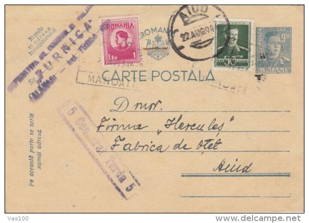 KING MICHAEL STAMPS ON PC STATIONERY, ENTIER POSTAL, CENSORED TURDA NR 5, 1944, ROMANIA - Lettres 2ème Guerre Mondiale