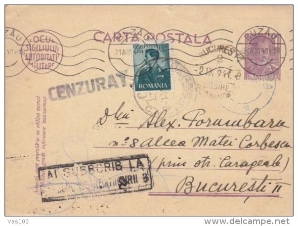 KING MICHAEL STAMP ON PC STATIONERY, ENTIER POSTAL, CENSORED, 1941, ROMANIA - Lettres 2ème Guerre Mondiale