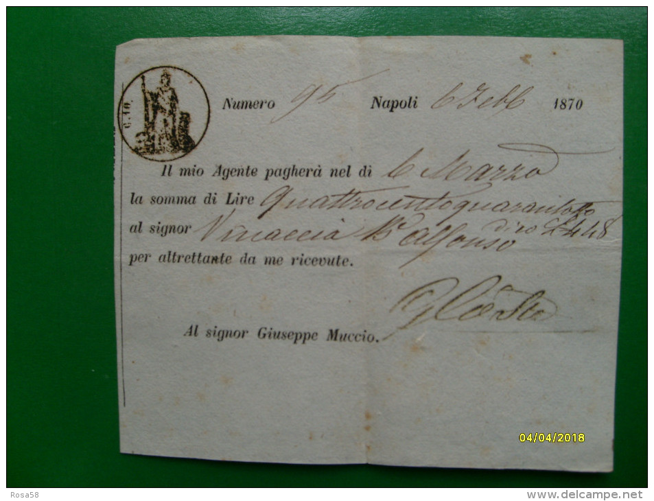 Napoli 6 Febbraio 1870 Ricevuta Su Foglio Centesimi 10 Al Signor Giuseppe Muccio - Altri & Non Classificati