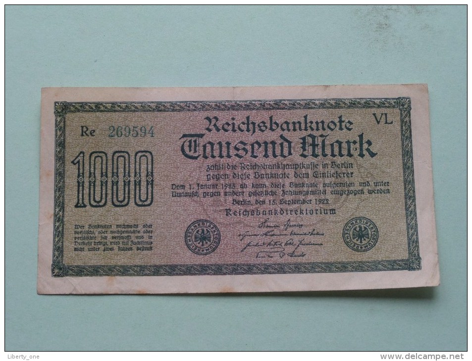 TAUSEND MARK Berlin 1922 / N° Re 269594 - VL   ( For Grade, Please See Photo ) ! - 1000 Mark