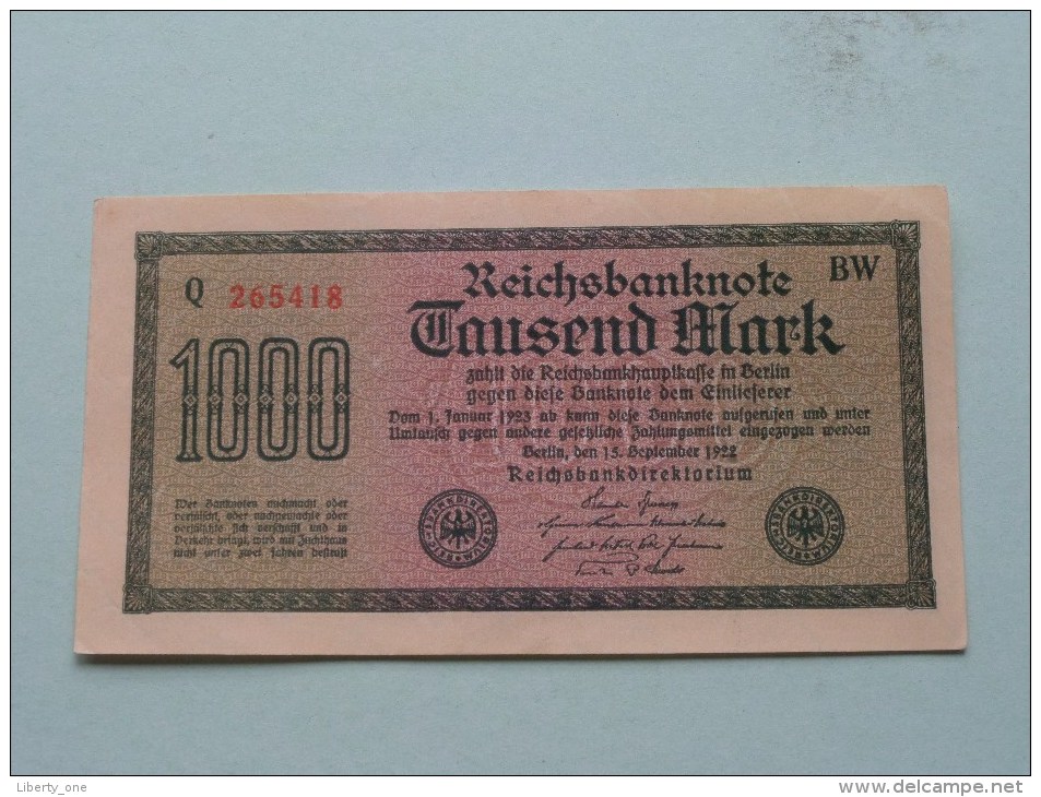 TAUSEND MARK Berlin 1922 / N° Q 265418 - BW   ( For Grade, Please See Photo ) ! - 1.000 Mark