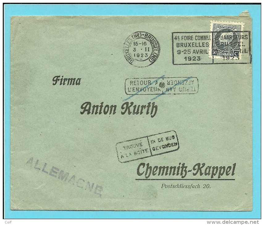 211 Op Brief Met Stempel BRUSSEL -> Duitsland, Per Vergissing Stempel RETOUR Aangebracht I.p.v.TROUVE A LA BOITE - 1921-1925 Small Montenez