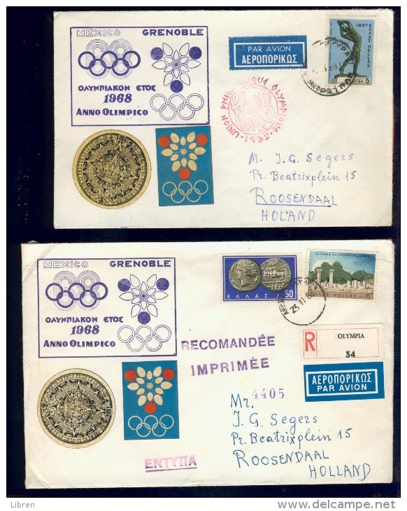 BL5-103 GREECE 1967-68 3 COVERS, 1 CARD OLYMPICS GRENOBLE, MEXICO, OLYMPIC ACADEMY. - Zomer 1968: Mexico-City