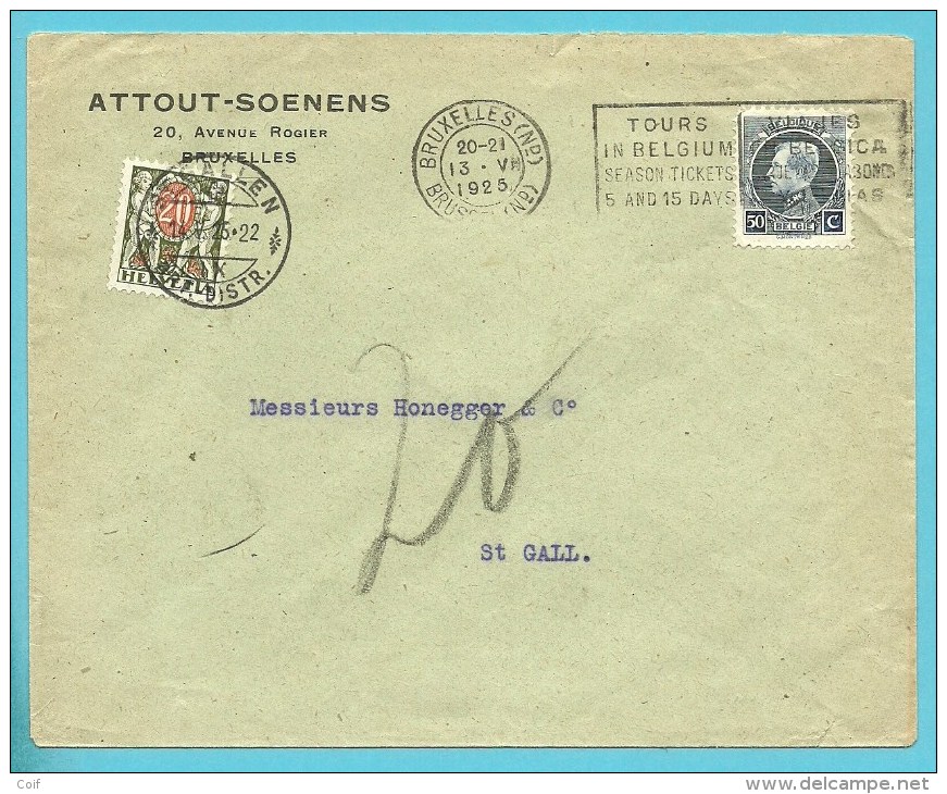 211 Op Brief Met Stempel BRUXELLES Naar ST-GALL (Suisse), Getaxeerd (taxe) Met "20" Zwitserse Strafportzegel !!! - 1921-1925 Small Montenez