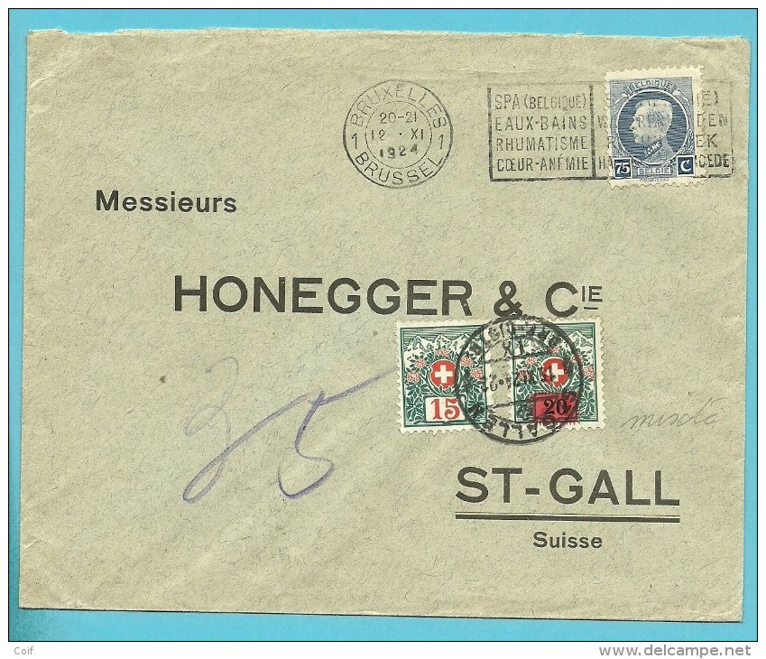 211 Op Brief Met Stempel BRUXELLES Naar ST-GALL (Suisse), Getaxeerd (taxe) Met 15 + 20 (opdruk) Taxe Mixte !!! - 1921-1925 Small Montenez