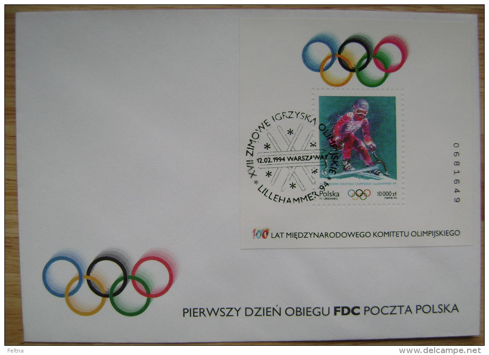 1994 POLAND POLSKA FDC WINTER OLYMPIC GAMES LILLEHAMMER NORWAY BLOCK ALPINE SKIING - Hiver 1994: Lillehammer