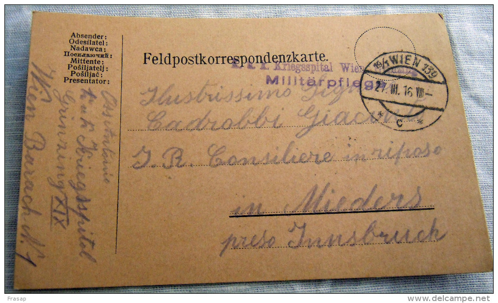 Franchigia Feldpost Feldpostkorrespondenzkart E Feldpostkarte KUK KRIEGERSSPITAL WIEN C   WWI 1916 - Occ. Autrichienne