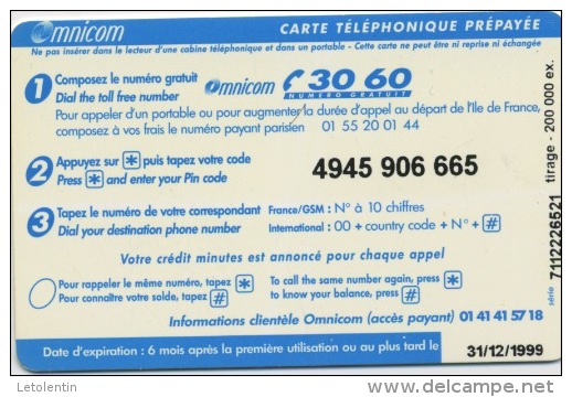 FRANCE - OMNICARTE TELEPHONEZ MOINS CHER - 60 U  (USAGÉ) - Mobicartes (GSM/SIM)