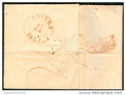 Lettre Précurseur Envoyée De Hambourg Vers Anvers En 1838 (cachet De Transit Par Herve Au Verso) - [Voorlopers