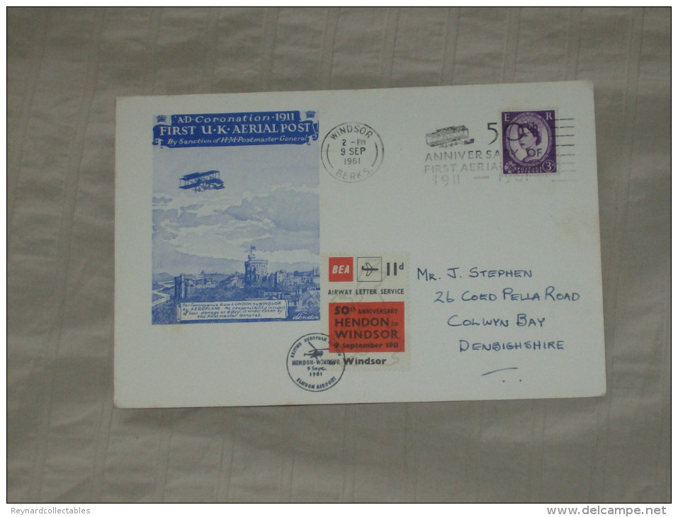 1961 GB Card 50th Anniversary 1st Aerial Post. BEA 11d Letter Stamp Hendon To Windsor - Other & Unclassified