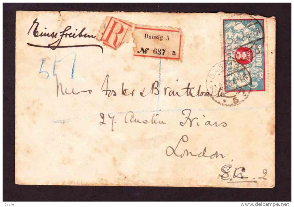 Danzig On Registered Cover To England - 1923 - Coat Of Arms - Michel 148 X 2 - Covers & Documents