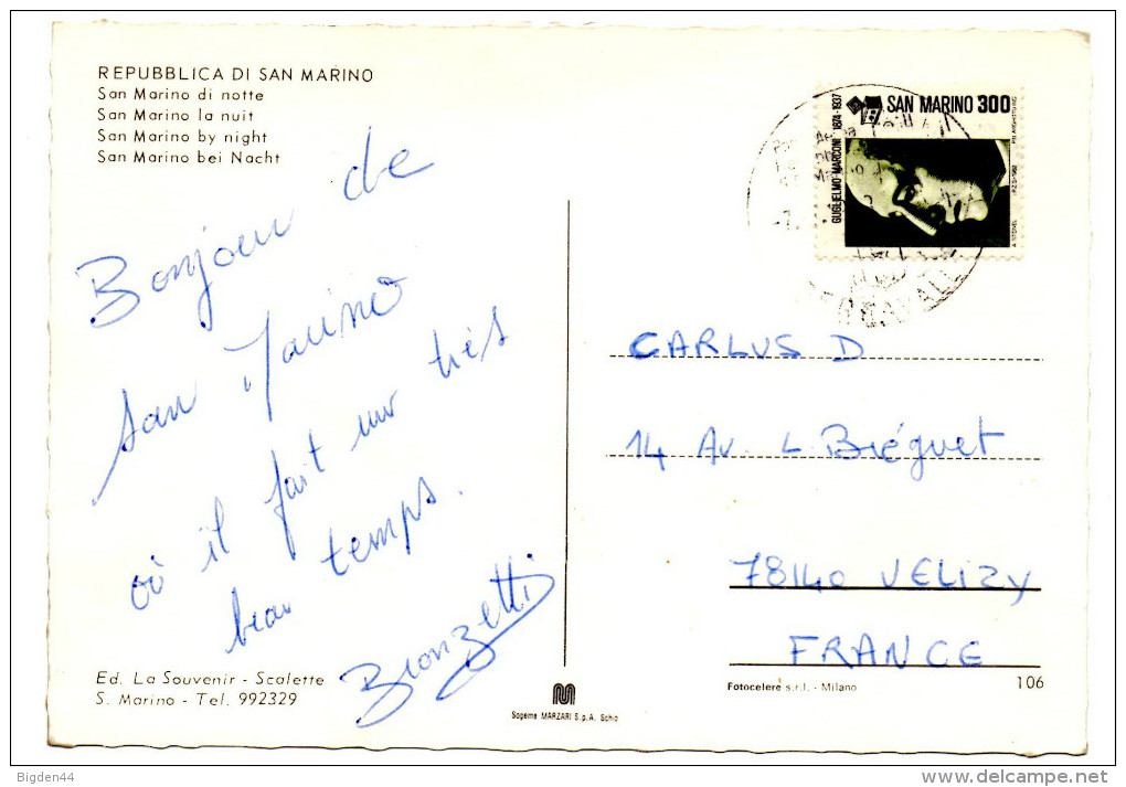 CP De SERRAVALLE Pour Velizy (1983) - Storia Postale