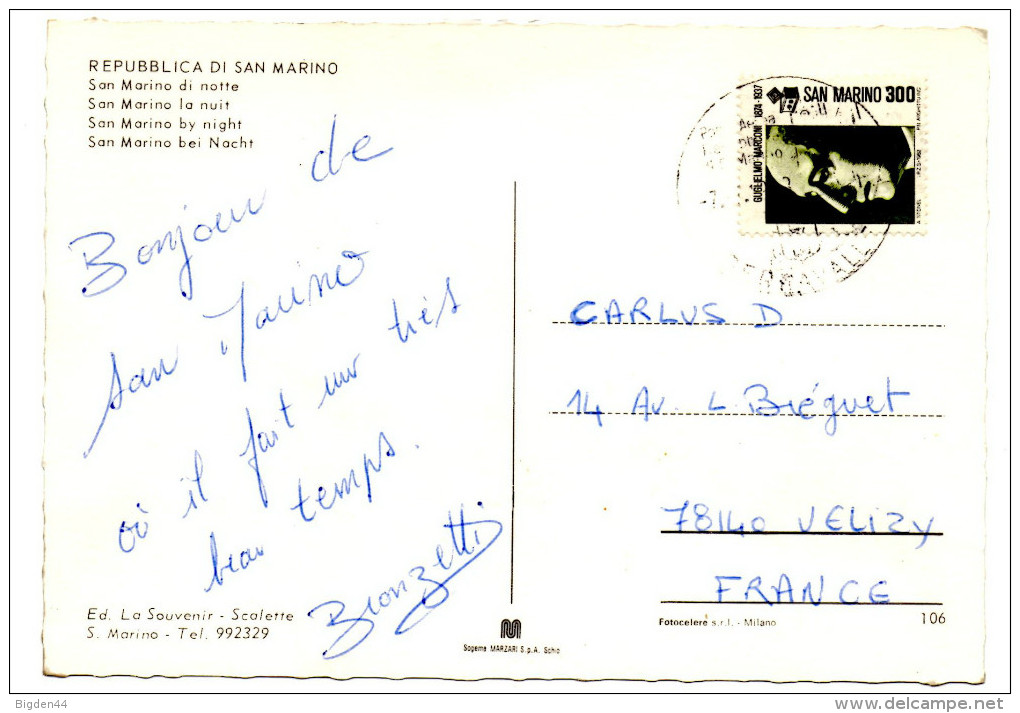 CP De SERRAVALLE Pour Velizy (1983) - Lettres & Documents