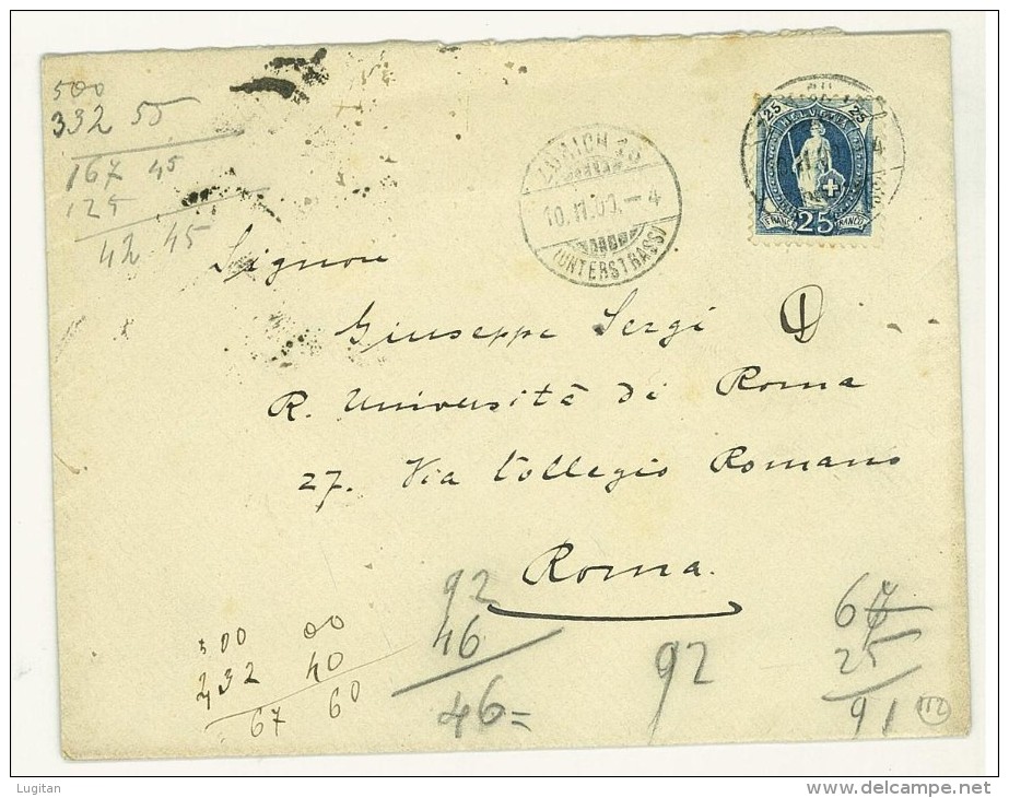 SVIZZERA - SUISSE -  LETTERA DA ZURIGO VERSO L'ITALIA  - ANNO 1900 - HELVETIA IN PIEDI - Covers & Documents