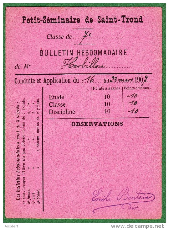 St.Trond - St.Truiden - Klein Seminarie - Bulletin Hebdomadaire 1907 - Herbillon Hognoul - Diplomi E Pagelle