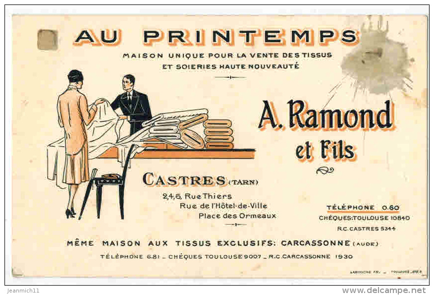 CARTE DE VISITE : AU PRINTEMPS Magasin Vente De Tissus Et Soieries Haute Nouveauté Castres Carcassonne A RAMOND Et FILS - Cartoncini Da Visita