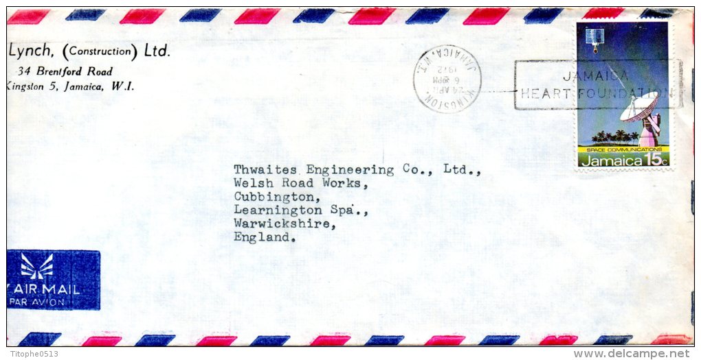 JAMAÏQUE. N°351 De 1972 Sur Enveloppe Ayant Circulé. Satellite. - Amérique Du Sud