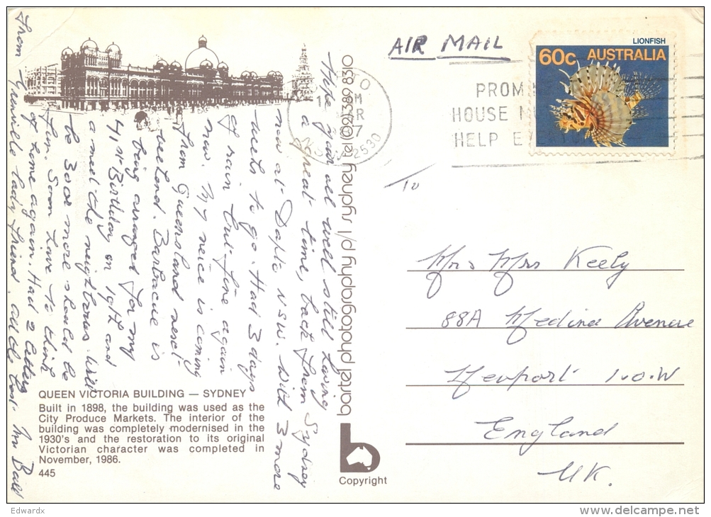 Queen Victoria Building, Sydney, NSW, Australia Postcard Used Posted To UK 1987 Stamp 60c Lionfish - Sydney