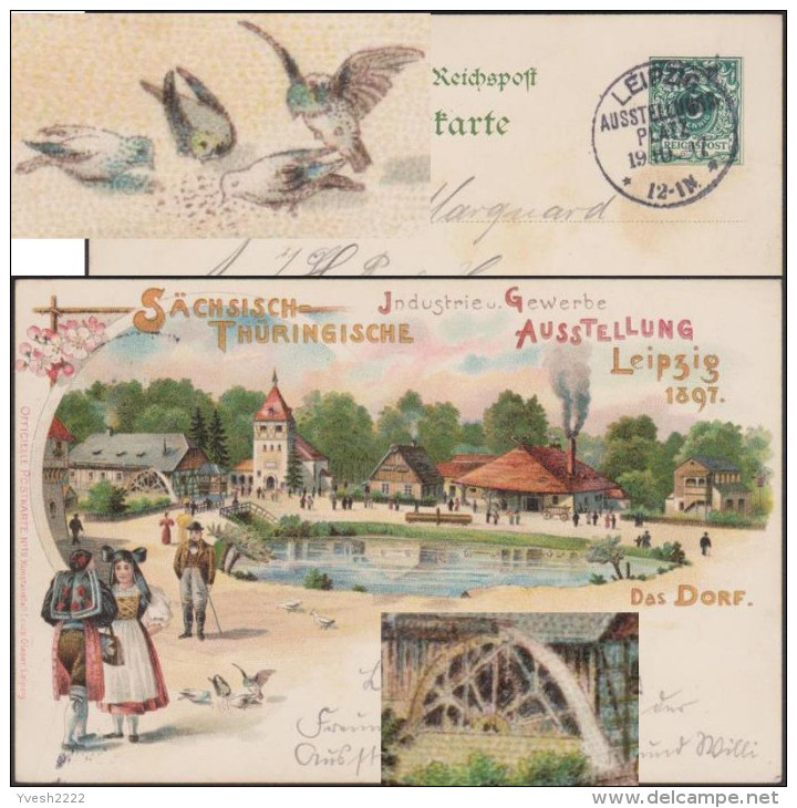 Allemagne 1897. Entier Postal TSC. Leipzig, Sächsisch-Thüringische Industrie Und Gewerbe Ausstellung, Moineaux, Moulin - Passeri