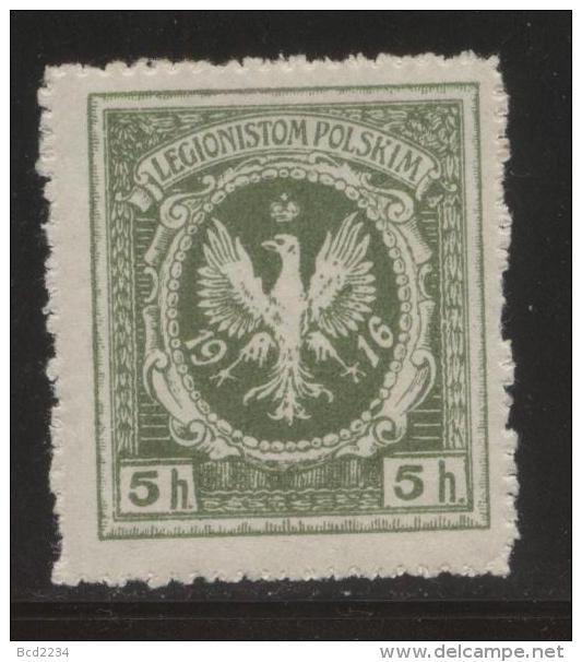 POLAND 1916 POLISH WORLD WAR 1 LEGIONS AUSTRIAN ARMY 5H OLIVE GREEN PERFORATE NHM TYPE 1 3 TALONS LEFT FOOT EAGLE - Variétés & Curiosités