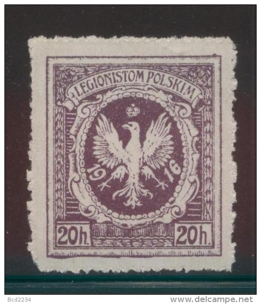 POLAND 1916 POLISH WORLD WAR 1 LEGIONS AUSTRIAN ARMY 20H VIOLET PERFORATE NHM TYPE 1 3 TALONS LEFT FOOT EAGLE - Variétés & Curiosités