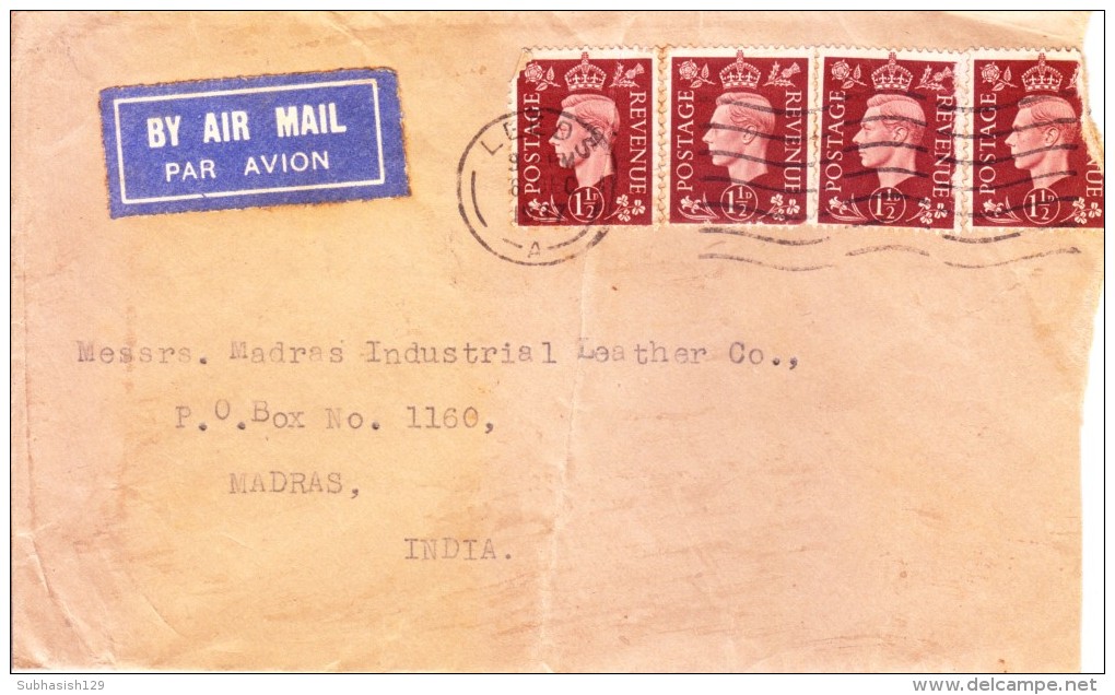 Great Britain 1937 Airmail Cover Posted From Leeds To Madras, India - Used Of 4v One And Half Pence Brown Stamps - Briefe U. Dokumente