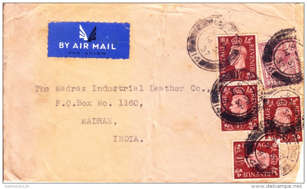 Great Britain 1937 Airmail Cover Posted From Leeds To Madras, India - Used Of 4v One And Half Pence Brown Stamps - Covers & Documents