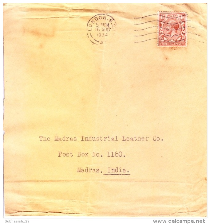 Great Britain 1934 Commercial Cover Posted From London To Madras, India With Three Half Pence George V Stamp - Brieven En Documenten