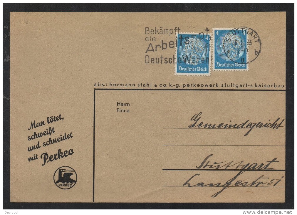 SC078- HINDENBURG ISSUES- COVER CIRCULATED 1933 LOCAL USED ON STUTTGART - Briefe U. Dokumente