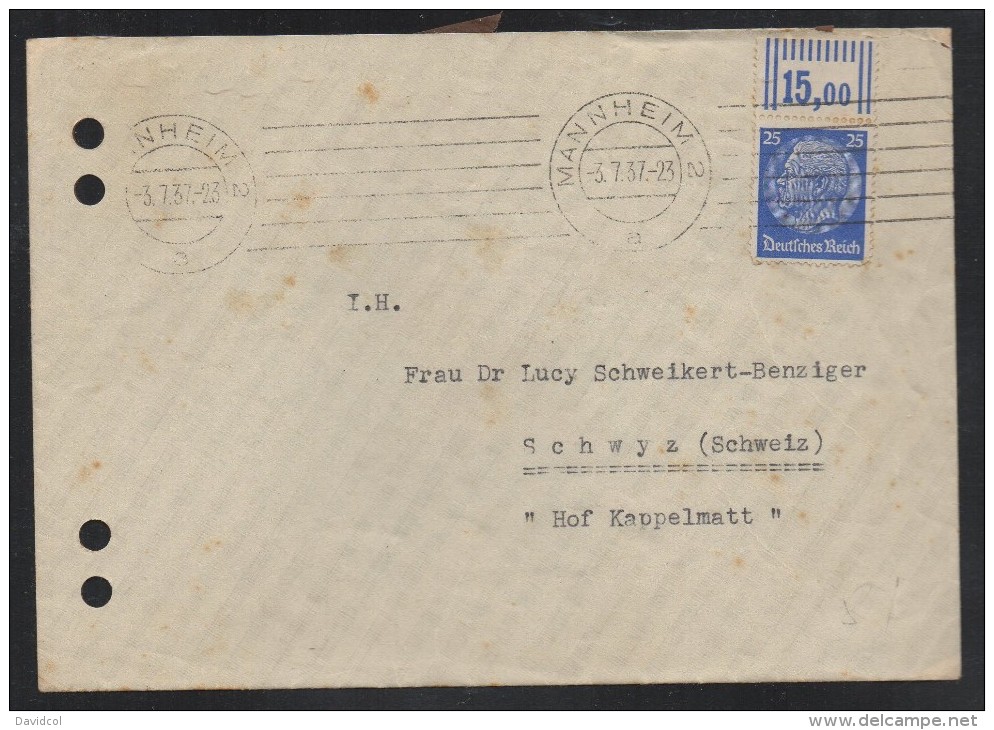 SC088- HINDENBURG ISSUES- COVER CIRCULATED 1937 FROM MANHEIM  TO SCHWYZ-SWITZERLAND - Briefe U. Dokumente