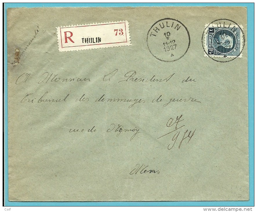 215 Op Brief (portvrije / Franchise De Port) Aangetekend Met Stempel THULIN - 1921-1925 Small Montenez