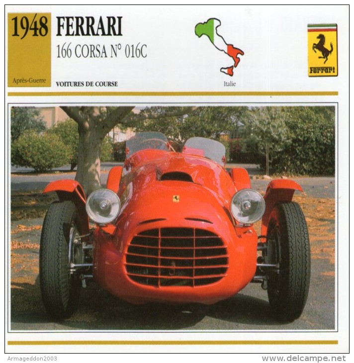FICHE TECHNIQUE VOITURE  - DÉTAILS CARACTERISTIQUE AU DOS FERRARI 166 CORSA N° 016 C / 1948 / COURSE - Autosport - F1