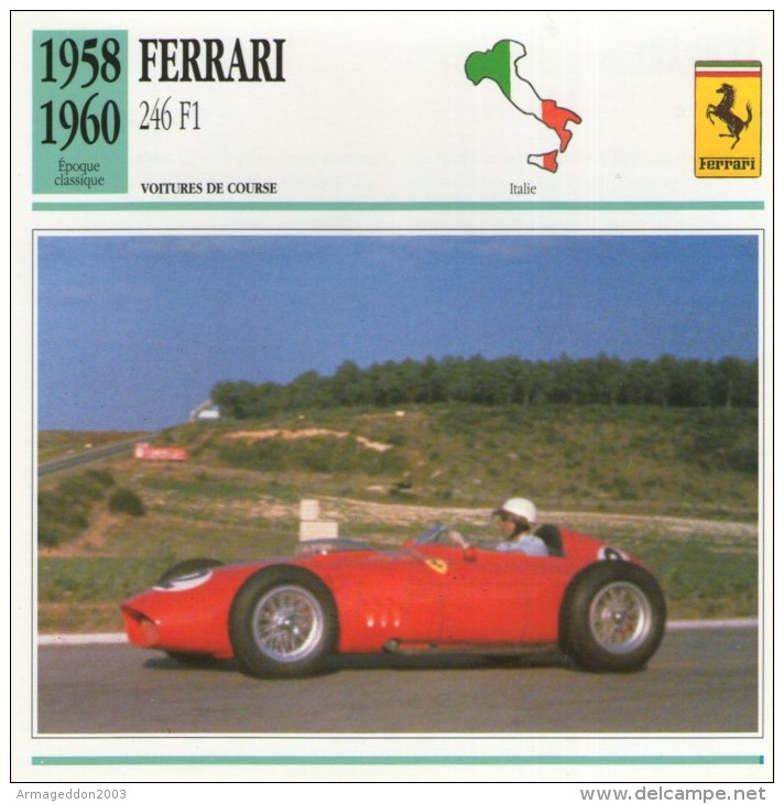 FICHE TECHNIQUE VOITURE  - DÉTAILS CARACTERISTIQUE AU DOS FERRARI 256 F1 1958 COURSE - Automovilismo - F1