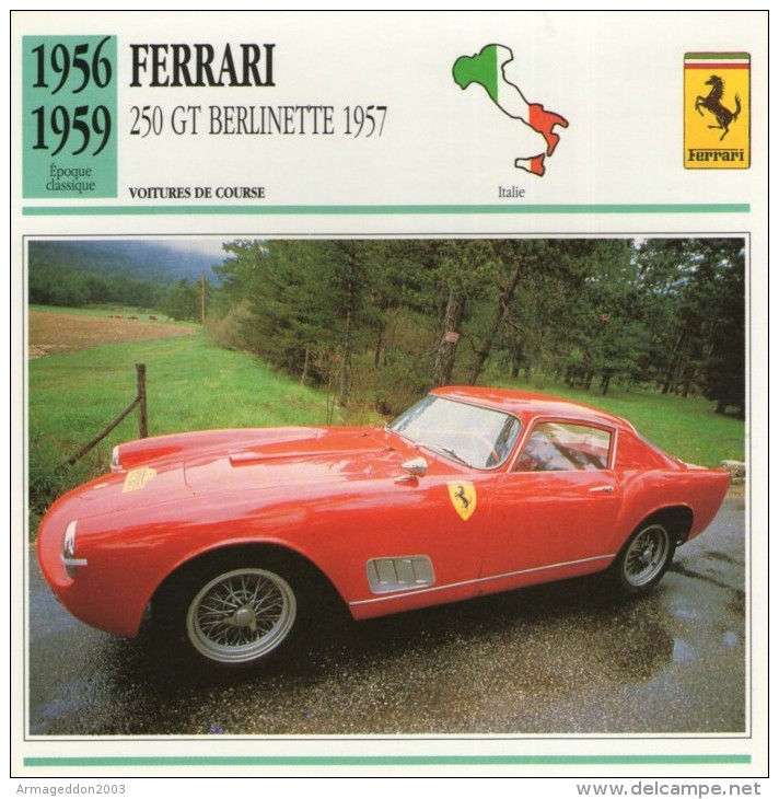 FICHE TECHNIQUE VOITURE  - DÉTAILS CARACTERISTIQUE AU DOS FERRARI 250 GT BERLINETTE 1957 COURSE - Autosport - F1