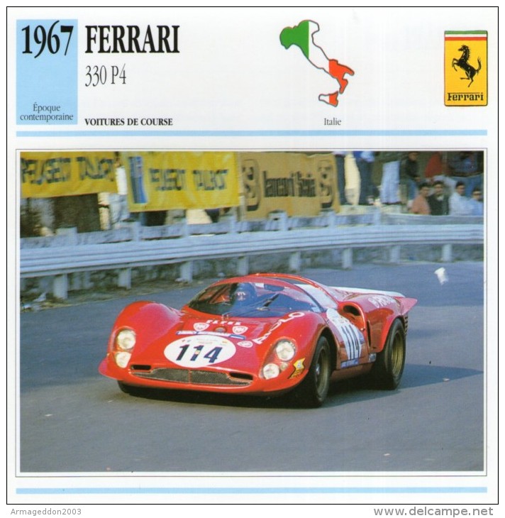 FICHE TECHNIQUE VOITURE  - DÉTAILS CARACTERISTIQUE AU DOS FERRARI 330 P4 /  COURSE 1967 - Autosport - F1