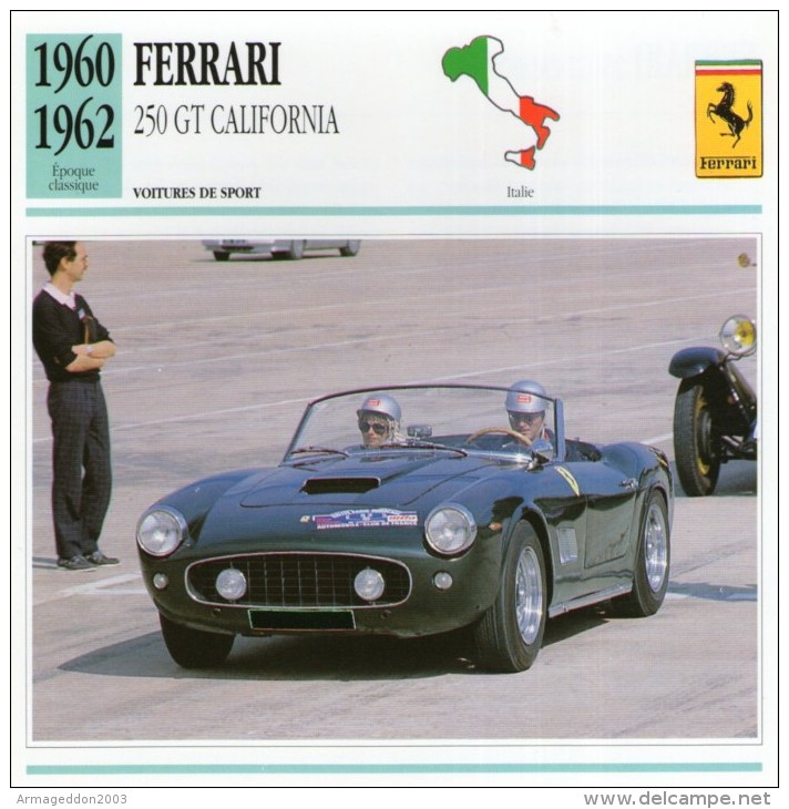 FICHE TECHNIQUE VOITURE  - DÉTAILS CARACTERISTIQUE AU DOS FERRARI 250GT CALIFORNIA 1960 SPORT - Automovilismo - F1