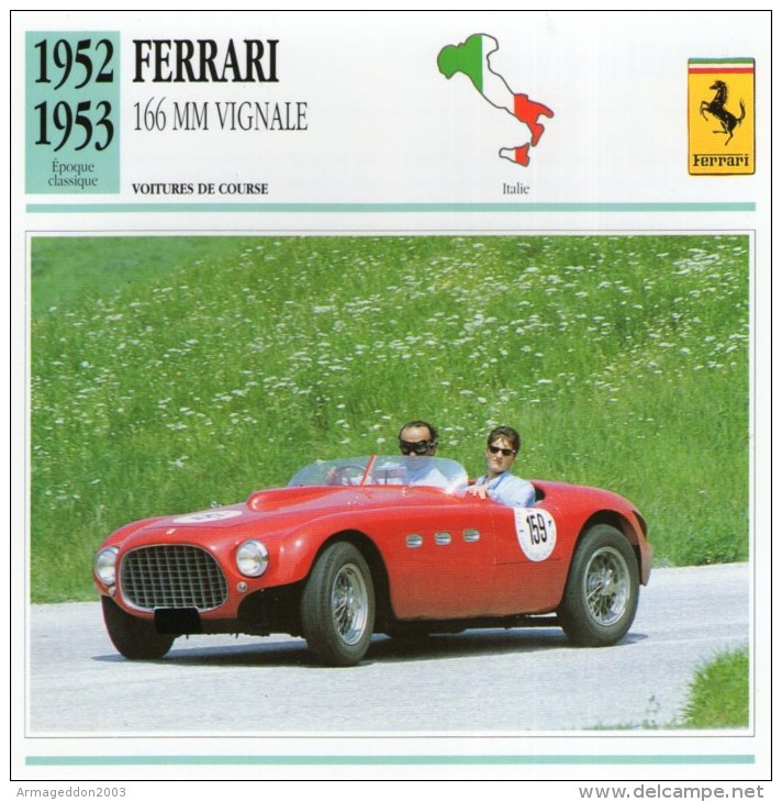FICHE TECHNIQUE VOITURE  - DÉTAILS CARACTERISTIQUE AU DOS FERRARI 166 MM VIGNALE 1952 COURSE - Car Racing - F1