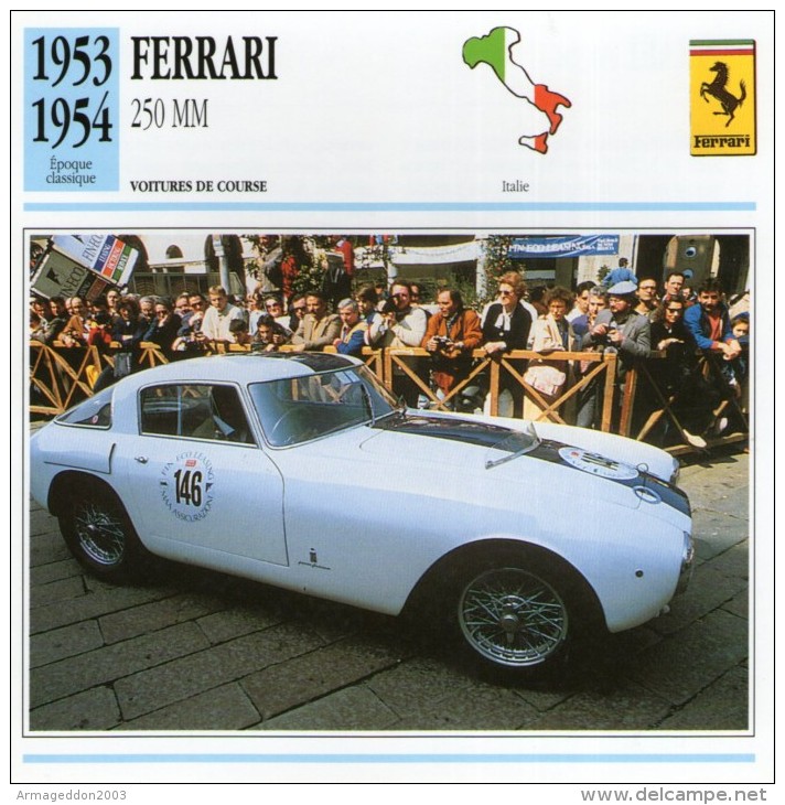 FICHE TECHNIQUE VOITURE  - DÉTAILS CARACTERISTIQUE AU DOS FERRARI 250 MM 1953 / COURSE - Car Racing - F1