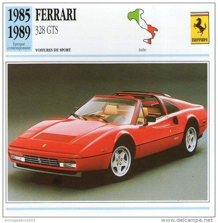 FICHE TECHNIQUE VOITURE  - DÉTAILS CARACTERISTIQUE AU DOS FERRARI 328 GTS 1985 SPORT - Automobile - F1