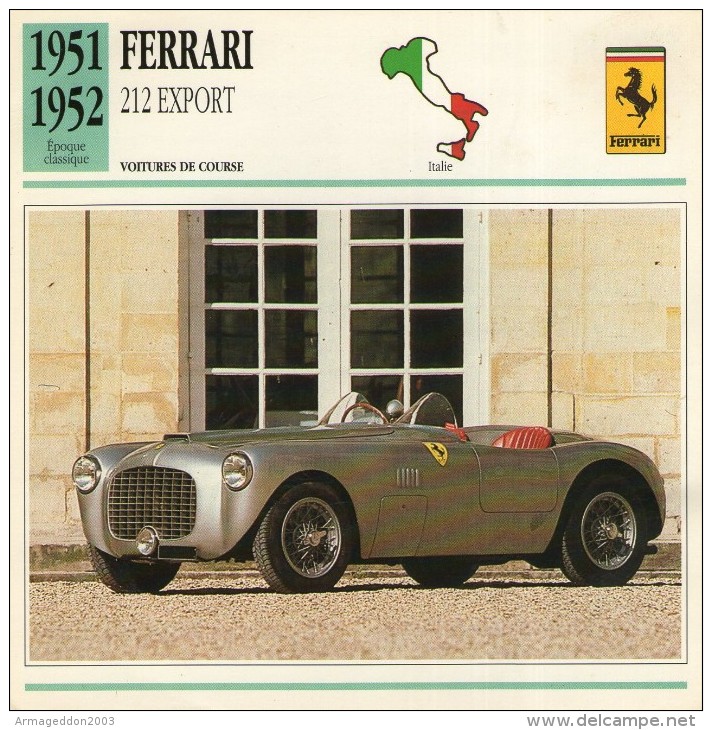 FICHE TECHNIQUE VOITURE  - DÉTAILS CARACTERISTIQUE AU DOS FERRARI 212 EXPORT 1951 / COURSE - Automobile - F1