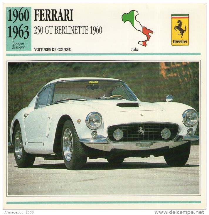 FICHE TECHNIQUE VOITURE  - DÉTAILS CARACTERISTIQUE AU DOS FERRARI 250 GT BERLINETTE 1960 COURSE - Autosport - F1
